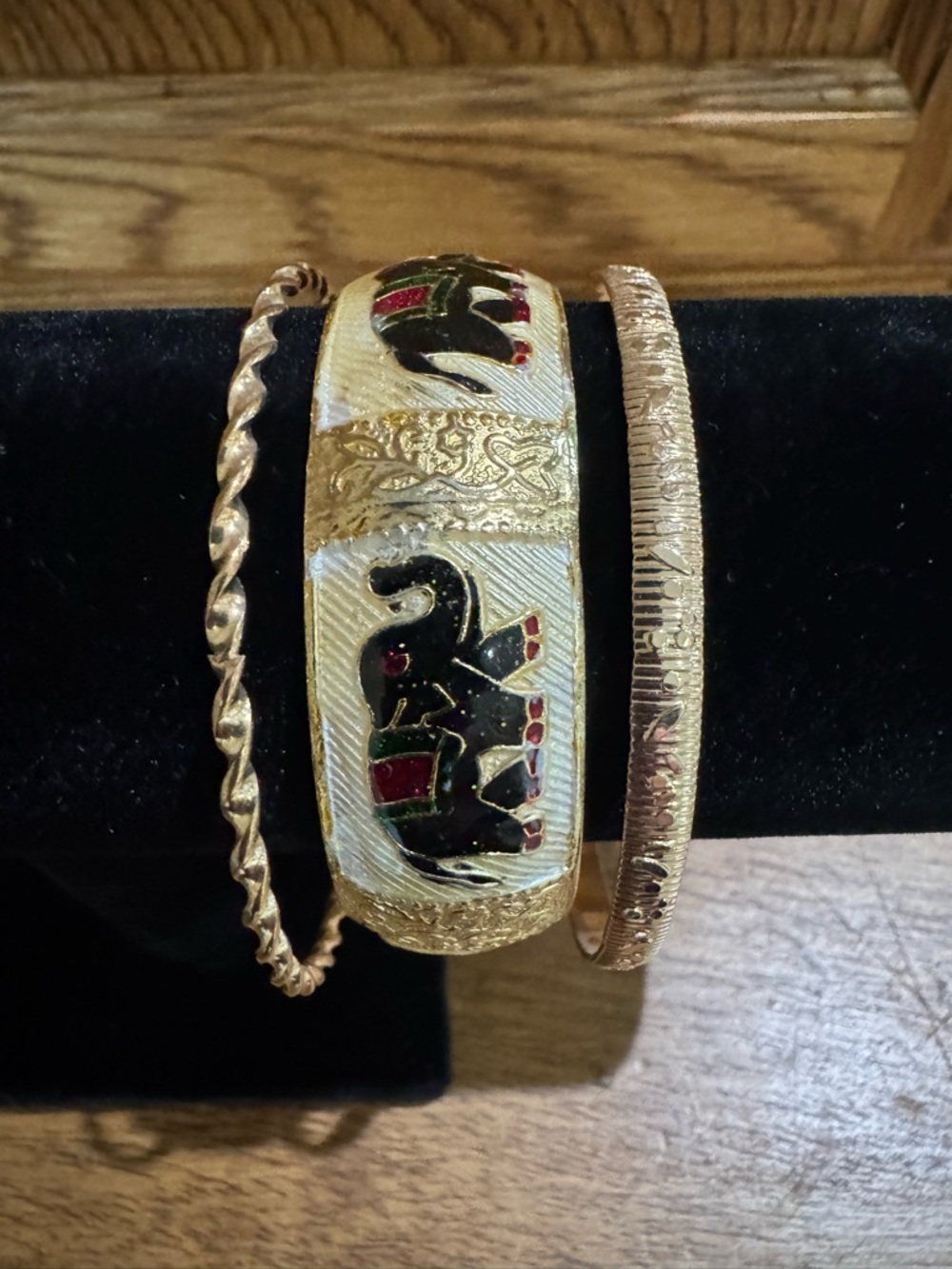 Vintage Gold Elephant Enamel Bangle Bracelet Set